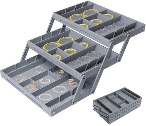 DAJASD 3 Tier Drawer Organiser, Foldable Collapsible Desk Organizer Drawer Trays, Multi Level Smart Drawer Organizer, Multi-use Organizer Tray for Makeup Junk Jewelry Office Supplies(1 Row 3 Tier)