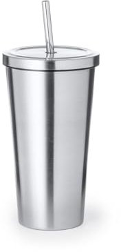 Vaso térmico de acero inoxidable de doble pared y 600 ml de capacidad (Venti). De acabado mate, con tapa a rosca y pajita a juego. Armiprint