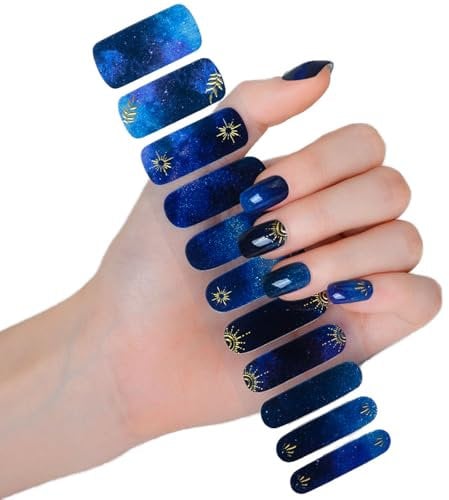 Bule Starry Sky Nail Polish Sticker, Semi Gels Galaxy Nail Strips Stickers, Cured Gel Nails Wraps Starter Kit, Upgraded 11 Pieces, Self-Adhesive Salon-Quality Uv/LED Glossy Soft Required