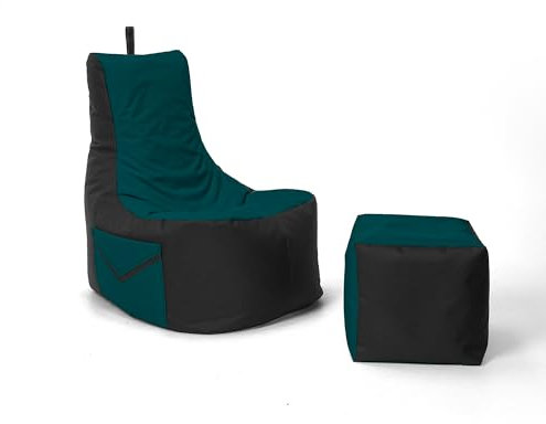 Nadimaideal Gaming Sitzsack XXL mit Hocker für Kinder, Teenager & Erwachsene | Indoor & Outdoor | Bodenkissen - Sessel - Beanbag bereits gefüllt | Füllung EPS Perlen (Petrol, Zweifarbig)