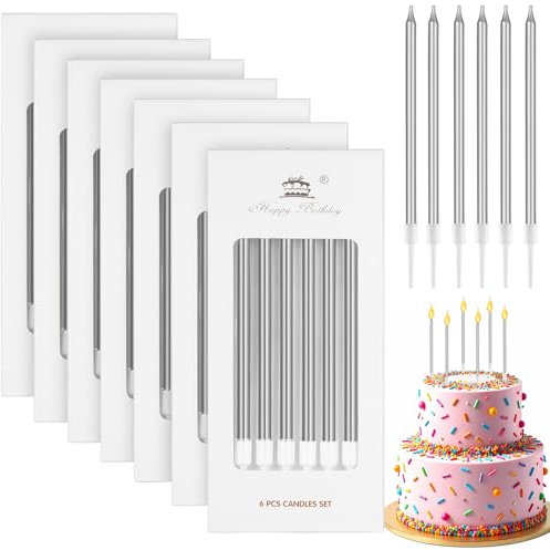 Annickee 42 Stück Geburtstagskerzen, 5.5in Kerzen Geburtstag, Lange Dünne Tortenkerzen für Dekorative mit Haltern Für Geburtstagskerzen Kinder, Birthday Candles für Hochzeitsparty (Silber)
