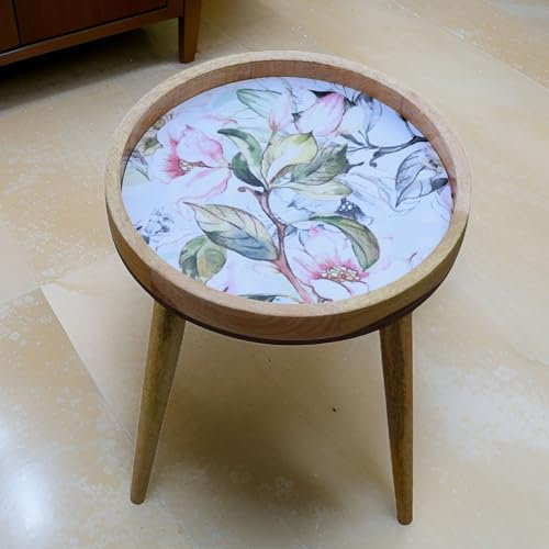 Hartsmede Mango Wood Side Table – Handmade 85% Artisan Small Coffee Table – 38cm Enamel Top – Resin-Coated – Two Heights: 18 or 24 – Lightweight & Strong – Living Room or Bedroom (S Flower, 18)