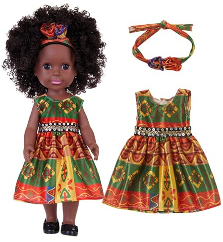 Qudinip 14 Zoll Schwarze Puppe, Süßes Kleid mit Haarbändern und Afro -Haaren, Veränderbare Kleider für Mädchen, Multikulturelle Modepuppe für Kinderspieltime