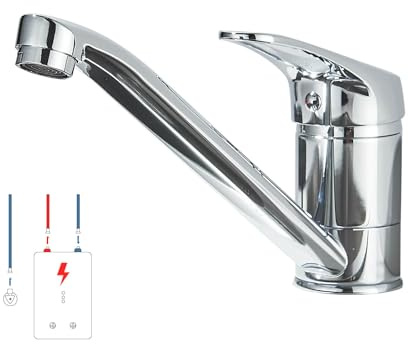 Robinet de cuisine basse pression avec mitigeur monocommande rotatif à 360° avec tuyau d'eau froide et chaude de 40 cm, chromé