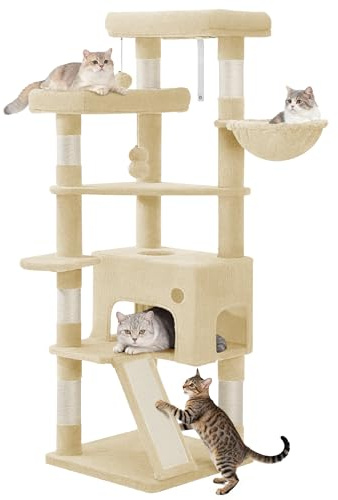 Hzuaneri Arbre à Chat de 153 cm, 1 Grande Niche pour Chat, Beige | Spacieux et Stable, avec Griffoir, 3 Grande Plateformes, Panier Confortable, Balle en Peluche, Planche à Gratter, MS15418YL