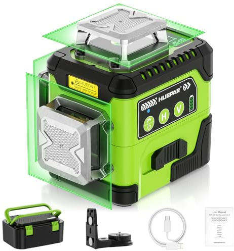 Huepar Nivel Láser Autonivelante Verde 3x360° con Pantalla, Profesional de alto brillo Líneas, 30M, USB-C, Modo Pulso, Soporte magnético, IP54, Estuche Rígido, para Construcción y Bricolaje-Y03CG