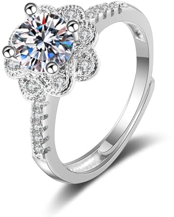 KnBoB Verlobungsring Schlicht Damen 14K Weißgold 585 Verstellbar Blume Rund Moissanit Ring Schmuck Gr.52 (16.6)