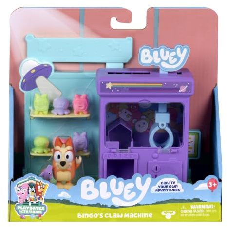 BlueY Mini-Spielset Bingos Greifautomat mit 6 Geschenken | Bewegliche Bingo-Figur und Wellenreiter, gewinne Preise aus dem Greifautomaten, 6 Geschenke enthalten; ab 3 J.