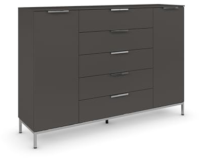 Rauch Möbel Flipp, Kommode, Farbe Graphit, Breite 160 cm | Sideboard, 2-türig, 5 Schubladen, Soft-Close, Griffe, Metallkufe Chrom, für Schlafzimmer, Gästezimmer, Wohnzimmer
