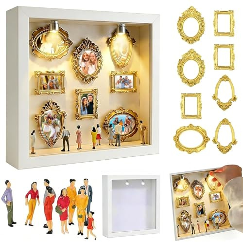 DIY Mini Museum Bilderrahmen, Mini Figuren Menschen Museum Silhouette Box mit Golden Rahmen & LED Licht, Miniatur Menschen Bilderrahmen Vintage für Deko Wohnzimmer Schlafzimmer