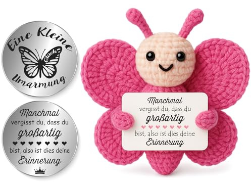 Tixlux Pocket Hug Positive Schmetterling, Kreative Strickwolle SchmetterlingsDekofigur und Kleine Umarmung Glücksbringer, MutmacherGeschenk, Gute Besserung Geschenk, Einschulung Geschenk (Erinnerung)