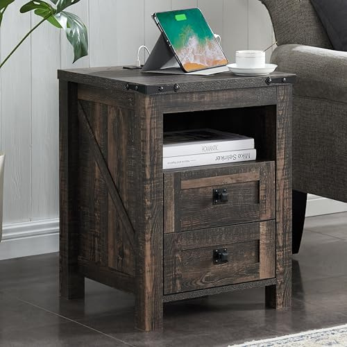 AetherWood Bauernhaus Nachttisch mit Ladefunktion, Beistelltisch mit 2 Schubladen, offenes Fach, Metallgriff, Seitentisch Nachtschrank für Schlafzimmer, Wohnzimmer, 45.7 x 45.7 x 61 cm, Schwarz