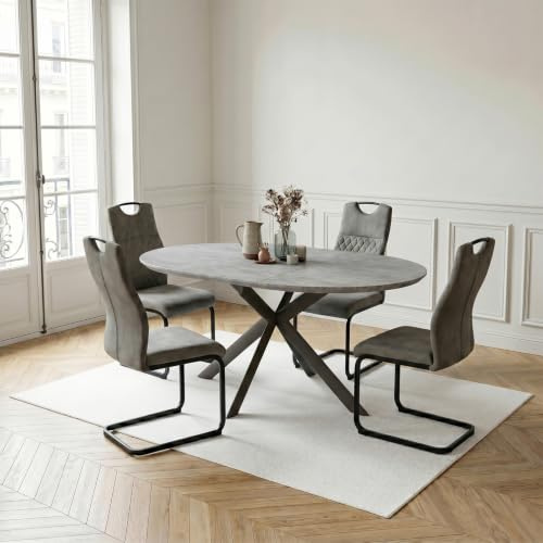 JIEXI Ausziehbarer runder Esstisch, dunkle Rhein-Holzmaserung, 110-150 cm, ausziehbar, Metallbeine, MDF-Tischplatte (Ausziehbarer Esstisch 110–150 cm + 4 graue Hängestühle)