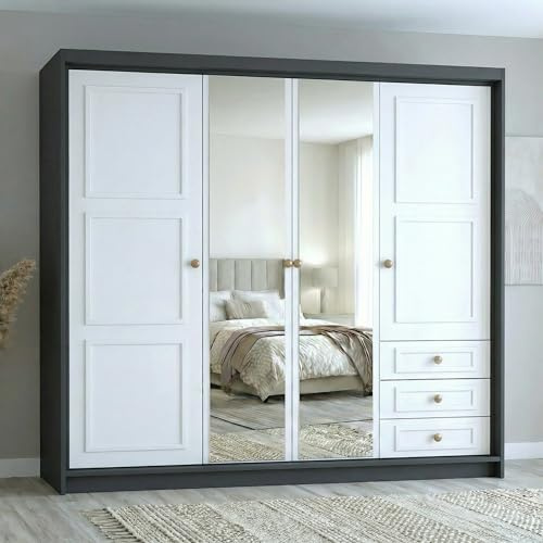 A&J MöbelLand Oslo Kleiderschrank 4-türig mit 3 Schubladen – 200 x 215 cm – Drehtürenschrank mit Kleiderstange und Einlegeböden, Modernes Design mit Metallgriffen