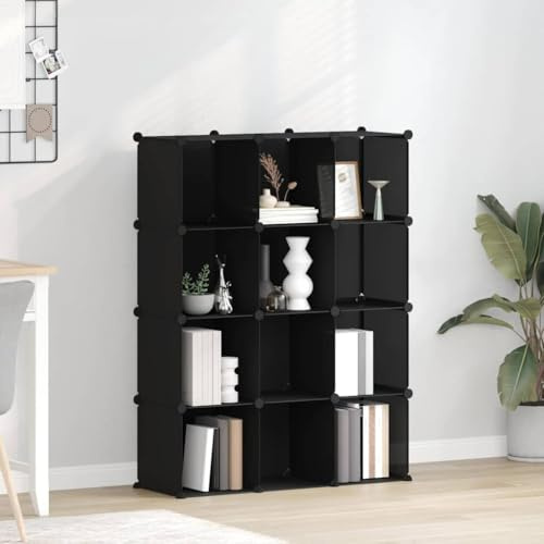 KKgypkn Regalsystem mit 12 Würfeln Schwarz PP, Modulares Aufbewahrungssystem, Vielseitiges Lagerregal aus Wasserdichten Kunststoffplatten und robustem Stahlrahmen für optimale