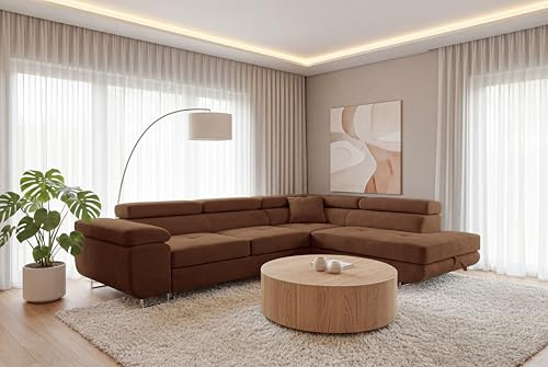 SOFILAND Ecksofa Luca L-Form mit Schlaffunktion und Bettkasten, wasserabweisender Velour, haustierfreundlich (Dunkelbraun, Rechts)