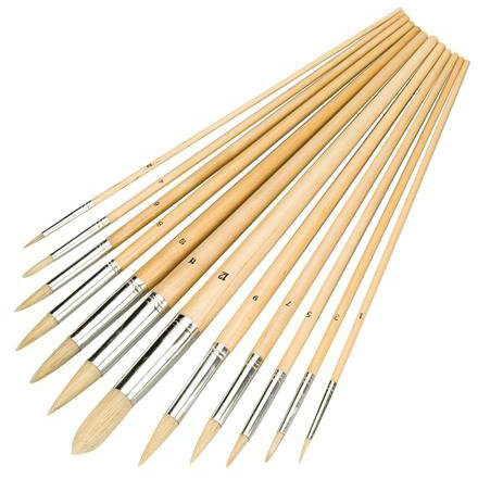 12 Piece Pointed Tip Pure Bristle Paint Brush Set - 1mm-12mm - Wooden Handl