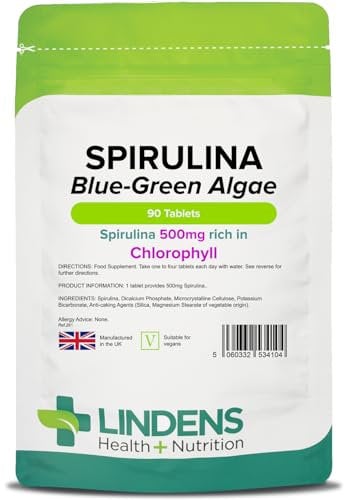 Lindens - Spirulina 500mg - 90 Tablets - 2,000mg Daily Intake, UK Made - Spirulina Maxima, Rich in Chlorophyll - Overall Health & Vitality - Letterbox Friendly, Vegan
