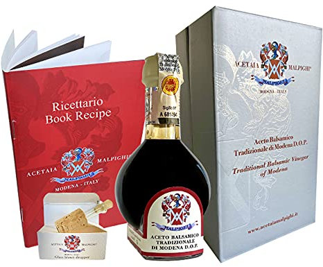 Vinaigre Balsamique Traditionnel de Modène AOP vieux de 12 ans. 100ml + Doseur en verre + Livre de recettes - Acetaia Malpighi