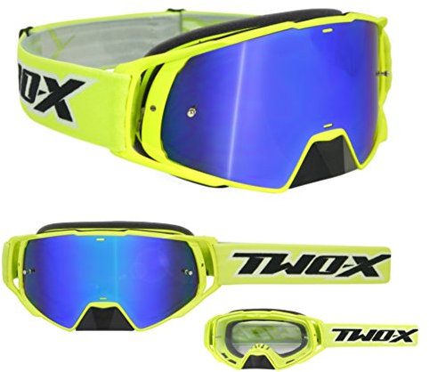 TWO-X Cross-Brille - Motocross-Brille mit verspiegeltem blauen Glas - Motorrad-Brille - Enduro & Downhill - Schutz-Brille - Modell Rocket - Neongelb