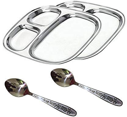 Satre Online and Marketing Stainless Steel Square Dinner Plate set of 2 with 2 Spoons,Compartment Plate 3 In 1 Set Of 2 With 2 Spoon,Pav Bhaji Plate Set of 2