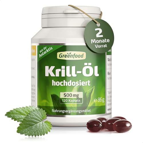 Krill-Öl, 500 mg, hochdosiert, 120 Kapseln - OHNE künstliche Zusätze | Reich an EPA, DHA, Für Herz, Blutdruck, Blutwerte, Gehirn, Laborgeprüft, Ohne Gentechnik