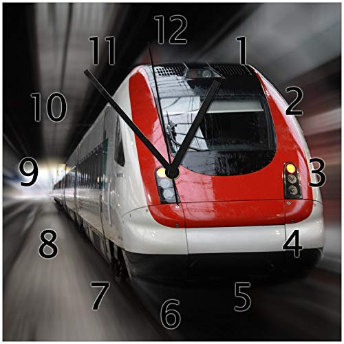 Wallario Design-Wanduhr Fahrender Zug von vorn in rot- Perspektive von vorn aus Glas, Motiv-Uhr Größe 30 x 30 cm, Schwarze Zeiger