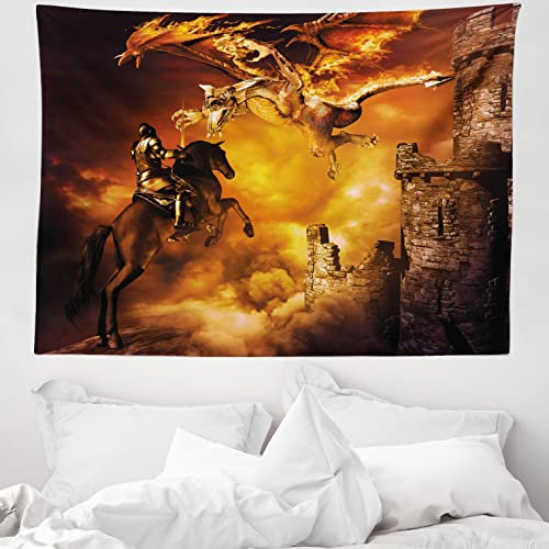 ABAKUHAUS Modern Wandteppich, mit einem Ritter auf einem Pferd Schloss Mystic Art Print, aus Weiches Mikrofaser Stoff Wand Dekoration Für Schlafzimmer, 150 x 110 cm, Schwarz und Ringelblume
