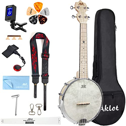AKLOT Banjo Ukelele Concierto 23 pulgadas Remo Drumhead Open Back Maple Body 1:18 Advanced afinador con remolque Way Truss Rod Gig Bag Tuner Correa Picks