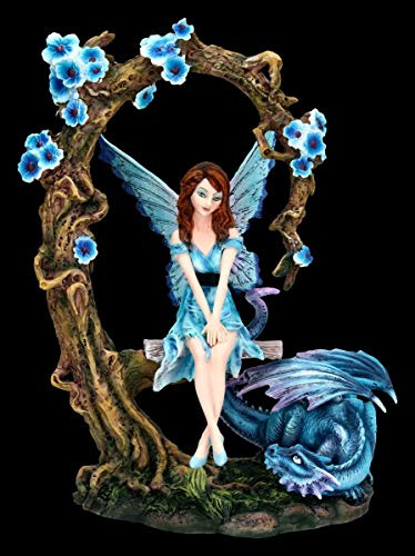 Figuren Shop GmbH Elfen Fantasy-Figur auf Schaukel mit blauen Drachen | Fee, Fairy, Engel, Deko-Figur, Deko-Artikel, Statue, Skulptur, H 27 cm