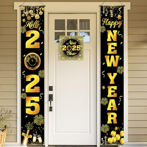 HOWAF Neujahr Party Dekorationen Silvester Deko 2025 Schwarz und Gold, Happy New Year Banner Hello 2025 Banner Willkommen Veranda Zeichen für Neujahrsdeko, Silvesterpartydeko