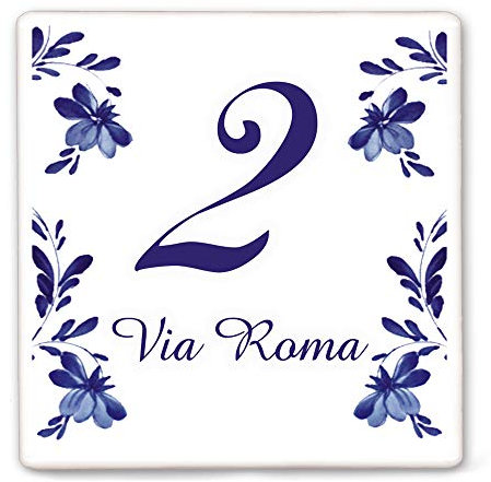 CreaTu Numéro de maison en céramique – feuilles et fleurs – personnalisé, fabriqué en Italie (15 x 15 cm)