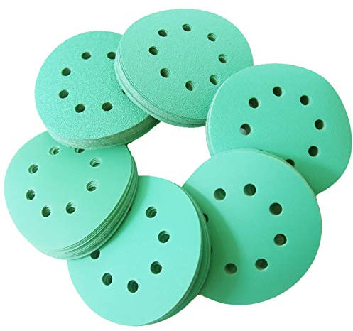 COSPOF |Polyesterfolie Schleifscheiben Ø125mm|5Inch|8 Loch in grün|60/80/120/180/220/320 Körnungen Set|120 Stück| Gewöhnliches Schleifpapier und Passt Besser zu Schleifmaschinen| Autolackierung|