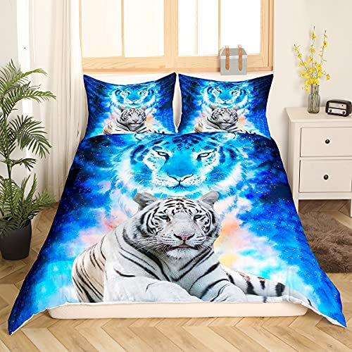 Tbrand Tiger Drucken Bettwäsche Set 155x220cm Wildtier Thema Bettbezug Set Blue Galaxy Betten Set Für Kinder Erwachsene Wildlife Safari Katzendruck Ultra weich Raumdekoration Reißverschluss