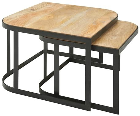 FineBuy Couchtisch 2er Set Mango Massivholz/Metall Wohnzimmertisch Braun, Industrial Satztisch Beistelltisch Metallbeine Schwarz, Tischset 2-teilig Satztisch Holz