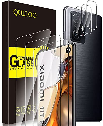 QULLOO Schutzfolie für Xiaomi Mi 11T / 11T Pro 5G, 3 Stück Displayschutzfolie mit 3 Stück Kameraschutz [9H Härte Gehärtetes Glas ][HD Klar Schutzglas][Anti-Kratzen Folie]