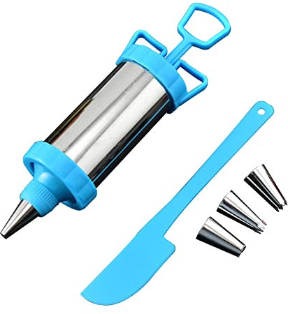 Jeringa para Decorar Boquillas Manga Pistola para Decoración de Tartas y Galletas Jeringa de Adorno para Pastelería con 4 Acero Inoxidable Boquillas para Hacer Utensilios para Decorar Pasteles ,Azul