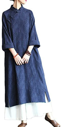 NFYM Donne Manica Lunga Cinese Qipao Abiti Primavera Autunno Stand Collare Cotone Jacquard Cheongsam Abiti, Blu, Taglia Unica