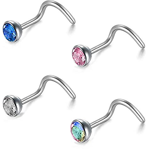 ZS Nasenringe aus Titan, 20 G, Klasse 23, für Damen, 2 mm, 3 mm, Zirkonia, gebogen/Korkenzieher/Spirale, Nasenstecker, Piercing-Schmuck, 4 Stück, Titan, Zirkonia, Zirkonia