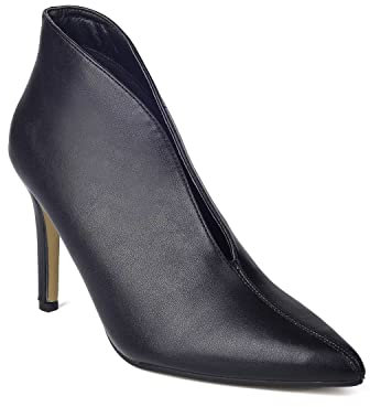 ComeShun Stivaletti da donna con tacco a gattino a forma di V Vamp classico a punta Slip On Stivaletti, Nero PU, 39 EU