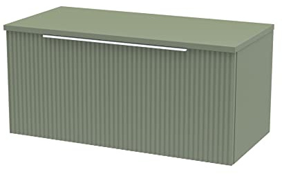 Hudson Reed DFF896W Fluted Modern Bathroom Wall Hung 1 Drawer Vanity Unit with Colour Match Worktop, 800mm, Satin Green