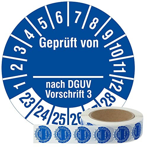 Labelident Mehrjahresprüfplaketten 2023-2028 - Geprüft DGUV V 3 - Ø 30 mm, 1.000 widerstandsfähige Prüfplaketten auf Rolle, Polyethylen, blau, selbstklebend