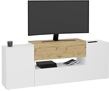 FMD Möbel Olpe Meuble TV rectangulaire en Bois Blanc Brillant/chêne Artisan