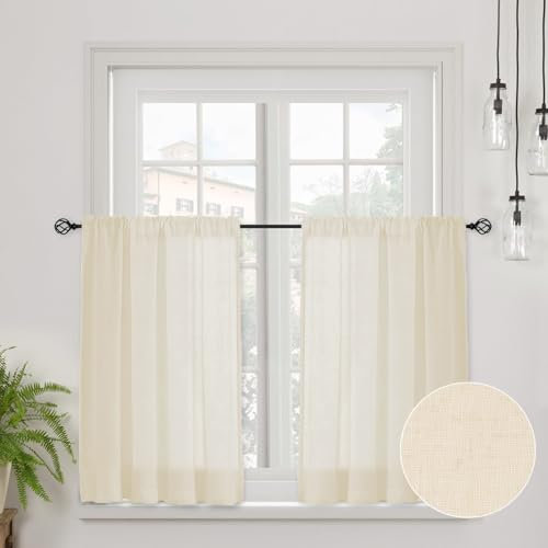 CUCRAF Scheibengardine Küchengardinen Bistrogardine 2er Set Natur Leinen H 45 x B 120 Natur Halb Transparent Stores Gardinen Fenster Leinenvorhang Gardinenschal