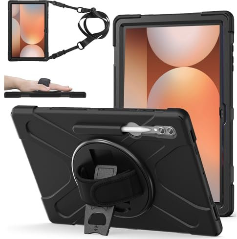 ZenRich Case for Samsung Galaxy Tab S10 Ultra 2024 / S9 Ultra / S8 Ultra 14.6 Inch, Shockproof Case with Rotating Kickstand Hand Strap Pen Holder Shoulder Belt for Samsung S9 Ultra Tablet Case, Black