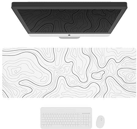 Ovenbird Large Gaming Mouse Pad with Stitched Edges, Minimalist Topographic Map Desk Mat, Extended XL Mousepad with Anti-Slip Base, Cool Desk Pad for Keyboard and Mouse, 35.4 x 15.7 in, White