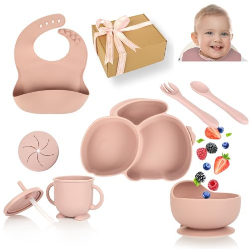 Vajilla bebé silicona 9 piezas Divergiana - Vajilla infantil con babero, plato compartimentado, cubiertos, vaso antiahogo 2 en 1, bowl ventosa, caja regalo, BPA Free