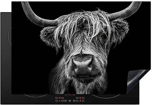 KitchenYeah© Induction Hob Protector Mat Stove Cap Top Cover Kitchen Cooker | 20.5x30.7 / 78x52 cm - Covers for Electric Hobs Vinyl Scottish Highlander - Horns - Black - White - Cow