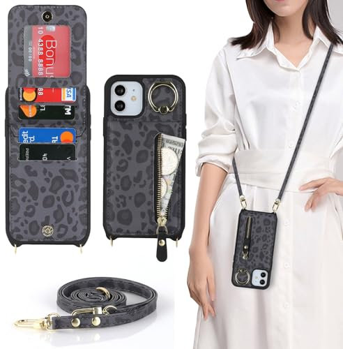 Zouzt for iPhone 12 Pro Max/iPhone 13 Pro Max 6.7 Inch Case with Cord and Card Holde, Zipper Wallet Case with Crossbody Lanyard Ring Adjustable Necklace Protective Cover Women - Black Leopard