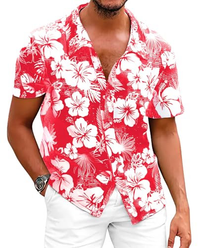 Fastkoala Hommes Chemise à Fleurs Hawaïennes Chemises Tropicales Plage Tops Holiday Summer Casual Button Down Rouge XXL